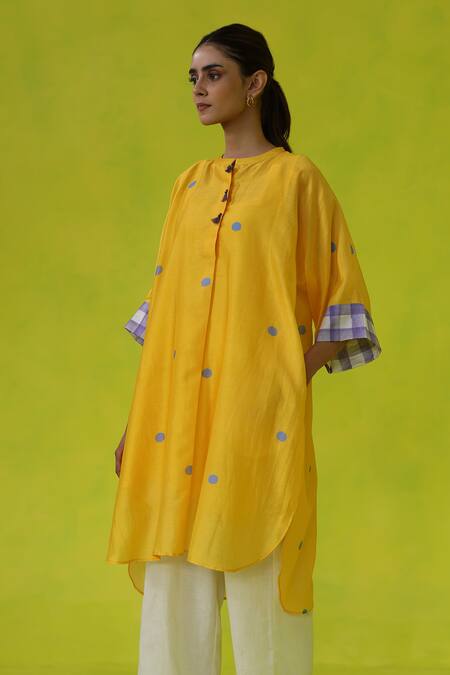 Shop Roza Yellow Chanderi, Cotton Embroidery Collared Juniper Asymmetrical Tunic Online at Aza Fashions Shop_Roza_Yellow Chanderi, Cotton Embroidery Collared Juniper Asymmetrical Tunic _Online_at_Aza_Fashions