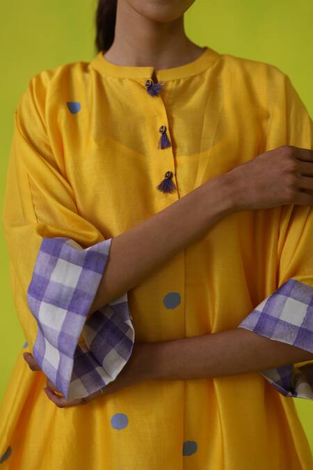 Buy_Roza_Yellow Chanderi, Cotton Embroidery Collared Juniper Asymmetrical Tunic 