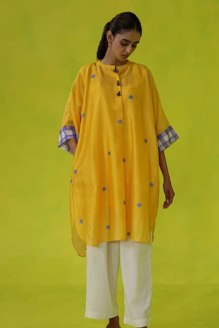 Buy Roza Yellow Chanderi, Cotton Tassels Mandarin Collar Polka Dot Kurta Set Online at Aza Fashions Buy_Roza_Yellow Chanderi, Cotton Tassels Mandarin Collar Polka Dot Kurta Set _Online_at_Aza_Fashions