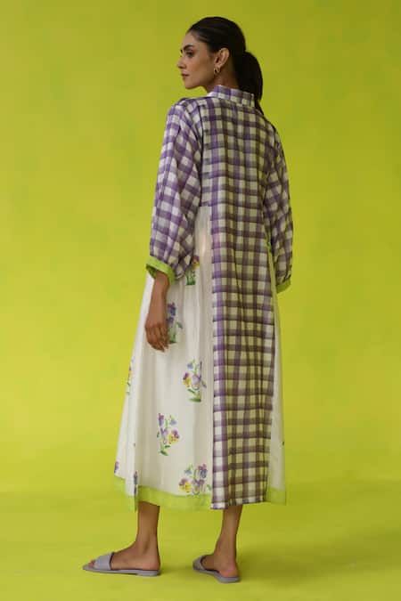 Roza_Ivory Chanderi, Cotton Embroidery Collared Seminyak Midi Dress _Online_at_Aza_Fashions