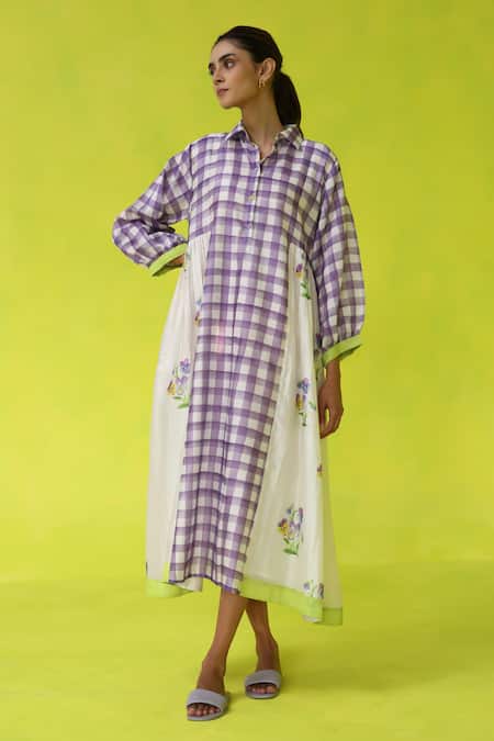 ROZA Ivory Chanderi, Cotton Embroidery Collared Seminyak Midi Dress 