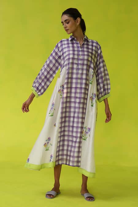 Buy_Roza_Ivory Chanderi, Cotton Embroidery Collared Seminyak Midi Dress _Online_at_Aza_Fashions