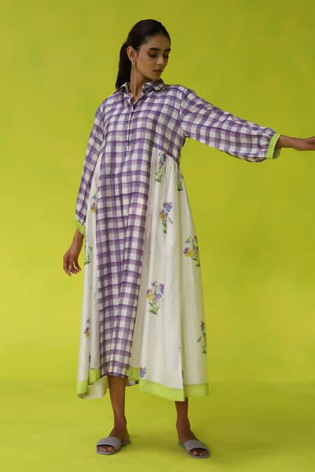 Shop_Roza_Ivory Chanderi, Cotton Embroidery Collared Seminyak Midi Dress _Online_at_Aza_Fashions