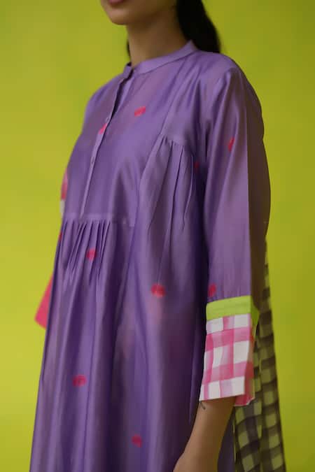 Roza_Purple Chanderi, Cotton Collared Midi Dress _Online_at_Aza_Fashions