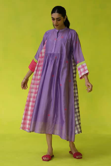 Buy Roza Purple Chanderi, Cotton Collared Midi Dress Online at Aza Fashions Buy_Roza_Purple Chanderi, Cotton Collared Midi Dress _Online_at_Aza_Fashions
