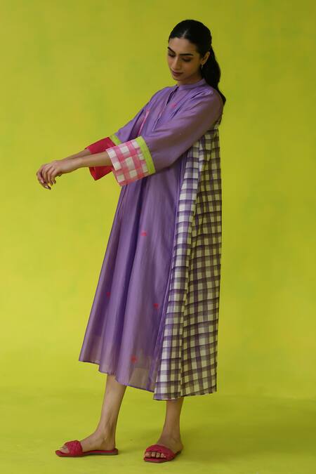 Shop Roza Purple Chanderi, Cotton Collared Midi Dress Online at Aza Fashions Shop_Roza_Purple Chanderi, Cotton Collared Midi Dress _Online_at_Aza_Fashions