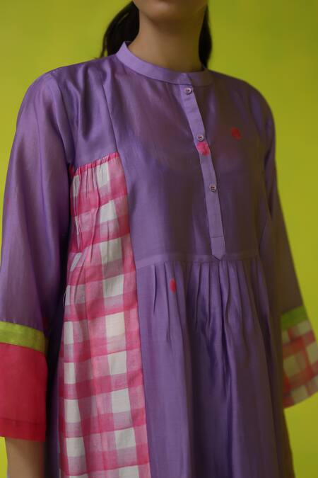 Roza_Purple Chanderi, Cotton Collared Midi Dress _at_Aza_Fashions