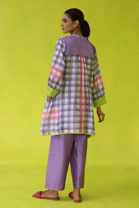 Shop Roza Purple Chanderi, Cotton Collared Checkered Tunic With Inner Slip at Aza Fashions Shop_Roza_Purple Chanderi, Cotton Collared Checkered Tunic With Inner Slip _at_Aza_Fashions