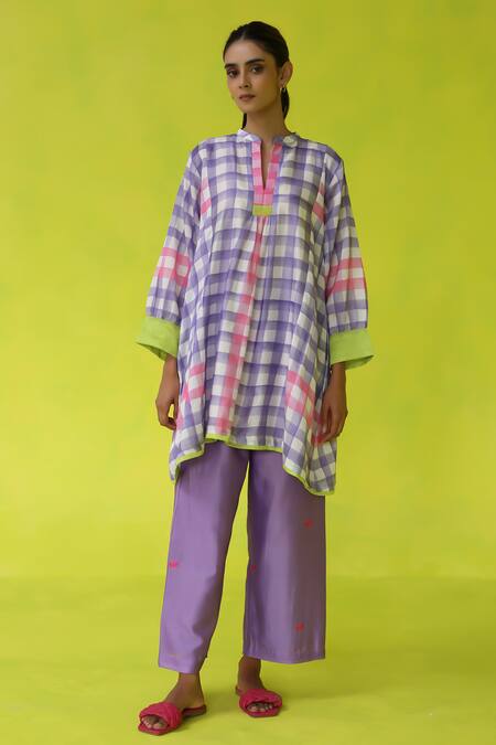 Roza Purple Chanderi, Cotton Collared Checkered Tunic With Inner Slip Online at Aza Fashions Roza_Purple Chanderi, Cotton Collared Checkered Tunic With Inner Slip _Online_at_Aza_Fashions