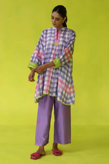Buy Roza Purple Chanderi, Cotton Collared Checkered Tunic With Inner Slip Online at Aza Fashions Buy_Roza_Purple Chanderi, Cotton Collared Checkered Tunic With Inner Slip _Online_at_Aza_Fashions