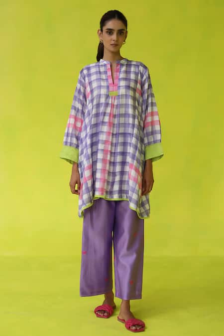 ROZA Purple Chanderi, Cotton Collared Checkered Tunic With Inner Slip 