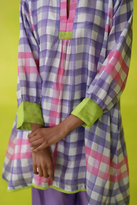 Shop Roza Purple Chanderi, Cotton Collared Checkered Tunic With Inner Slip Online at Aza Fashions Shop_Roza_Purple Chanderi, Cotton Collared Checkered Tunic With Inner Slip _Online_at_Aza_Fashions