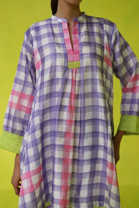 Roza Purple Chanderi, Cotton Collared Checkered Tunic With Inner Slip at Aza Fashions Roza_Purple Chanderi, Cotton Collared Checkered Tunic With Inner Slip _at_Aza_Fashions