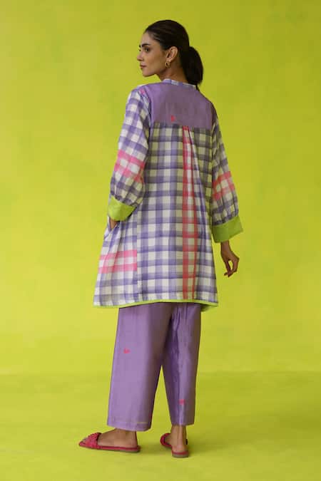 Shop Roza Purple Chanderi, Cotton Embroidery Mandarin In- Out Tunic And Pants at Aza Fashions Shop_Roza_Purple Chanderi, Cotton Embroidery Mandarin In- Out Tunic And Pants _at_Aza_Fashions