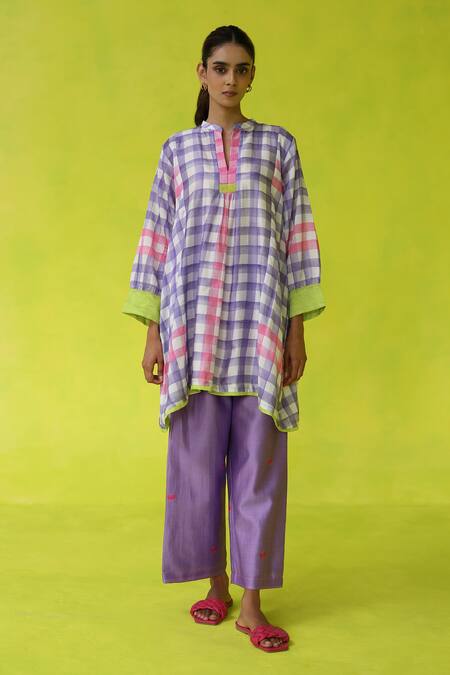 Roza Purple Chanderi, Cotton Embroidery Mandarin In- Out Tunic And Pants Online at Aza Fashions Roza_Purple Chanderi, Cotton Embroidery Mandarin In- Out Tunic And Pants _Online_at_Aza_Fashions