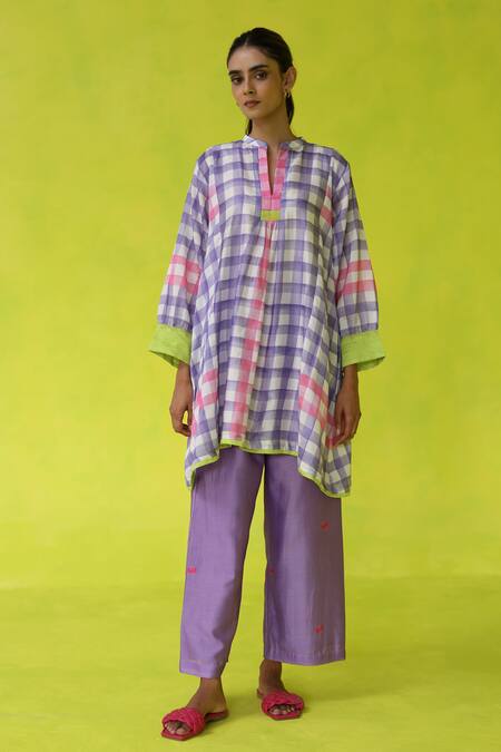 Shop Roza Purple Chanderi, Cotton Embroidery Mandarin In- Out Tunic And Pants Online at Aza Fashions Shop_Roza_Purple Chanderi, Cotton Embroidery Mandarin In- Out Tunic And Pants _Online_at_Aza_Fashions