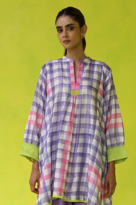 Buy Roza Purple Chanderi, Cotton Embroidery Mandarin In- Out Tunic And Pants Buy_Roza_Purple Chanderi, Cotton Embroidery Mandarin In- Out Tunic And Pants