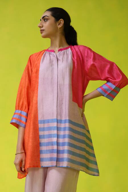 Buy_Roza_Multi Color Chanderi, Cotton Round Neck Lady Marmalade Tunic _Online_at_Aza_Fashions