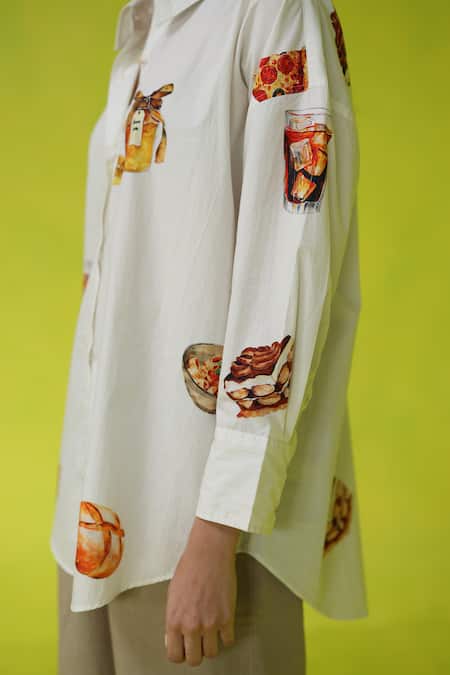 Roza_Ivory Poplin Collared Trip Binge Oversized Shirt _Online_at_Aza_Fashions