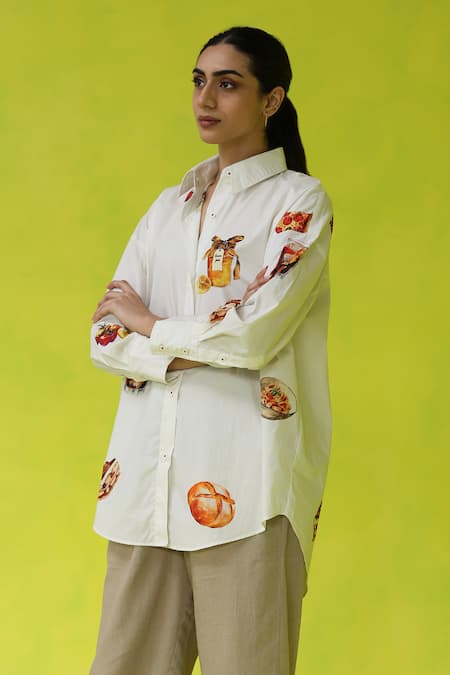 Shop_Roza_Ivory Poplin Collared Trip Binge Oversized Shirt _Online_at_Aza_Fashions