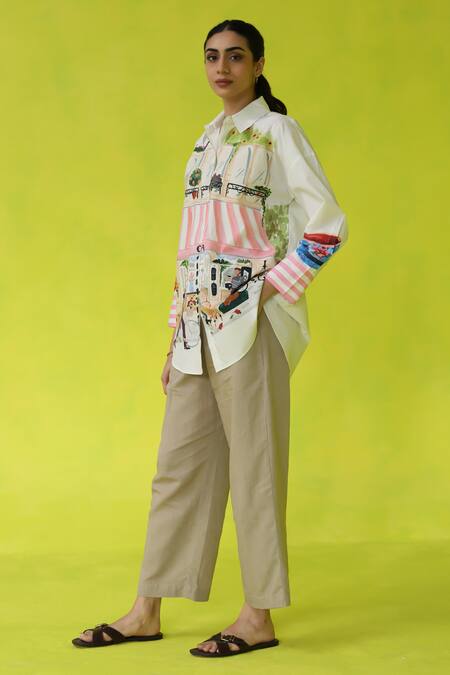 Roza_Ivory Poplin Collared Espresso Run Oversized Shirt _Online_at_Aza_Fashions