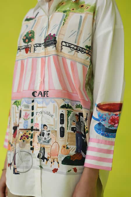 Roza_Ivory Poplin Collared Espresso Run Oversized Shirt _at_Aza_Fashions