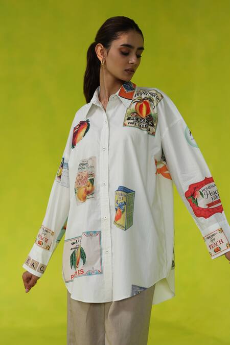 Roza Ivory Poplin Collared California Peaches Oversized Shirt Online at Aza Fashions Roza_Ivory Poplin Collared California Peaches Oversized Shirt _Online_at_Aza_Fashions