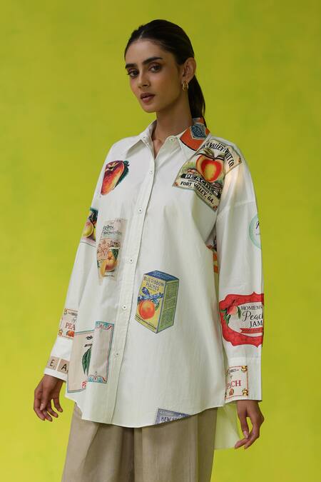 Shop Roza Ivory Poplin Collared California Peaches Oversized Shirt Online at Aza Fashions Shop_Roza_Ivory Poplin Collared California Peaches Oversized Shirt _Online_at_Aza_Fashions