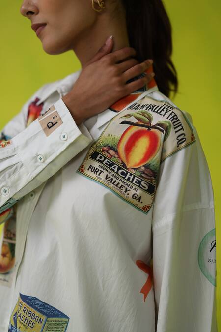 Roza_Ivory Poplin Collared California Peaches Oversized Shirt _at_Aza_Fashions