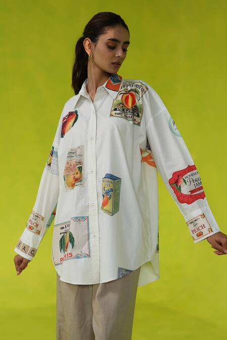 Roza White Poplin, Linen Collared California Peaches Oversized Shirt And Pants Online at Aza Fashions Roza_White Poplin, Linen Collared California Peaches Oversized Shirt And Pants _Online_at_Aza_Fashions