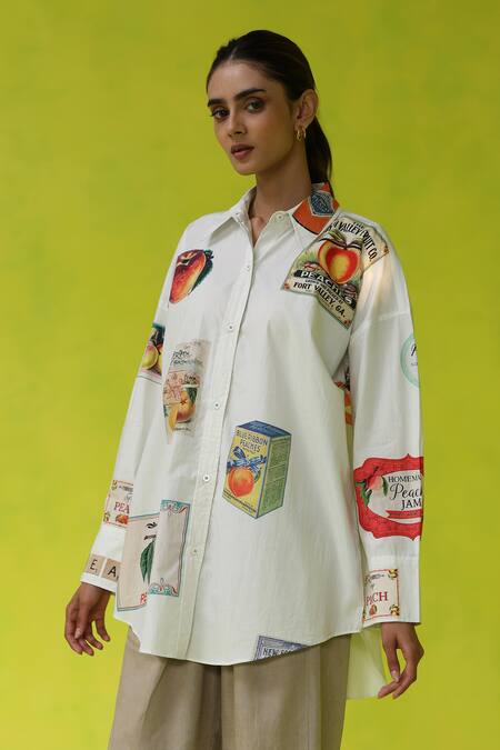 Buy Roza White Poplin, Linen Collared California Peaches Oversized Shirt And Pants Online at Aza Fashions Buy_Roza_White Poplin, Linen Collared California Peaches Oversized Shirt And Pants _Online_at_Aza_Fashions