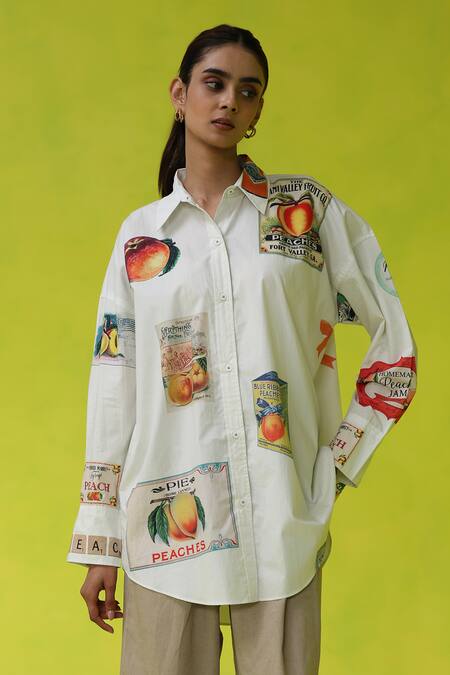 Shop Roza White Poplin, Linen Collared California Peaches Oversized Shirt And Pants Online at Aza Fashions Shop_Roza_White Poplin, Linen Collared California Peaches Oversized Shirt And Pants _Online_at_Aza_Fashions