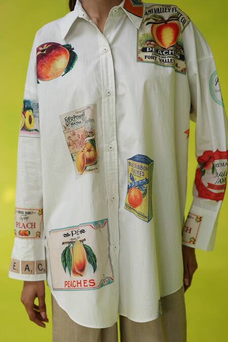 Roza_White Poplin, Linen Collared California Peaches Oversized Shirt And Pants _at_Aza_Fashions