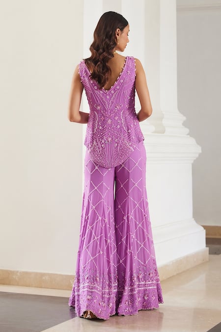 Shop Label Sanya Gulati Pink Georgette Sequins, Beads V-neck Bubblegum Embellished Kurta Set at Aza Fashions Shop_Label Sanya Gulati_Pink Georgette Sequins, Beads V-neck Bubblegum Embellished Kurta Set _at_Aza_Fashions