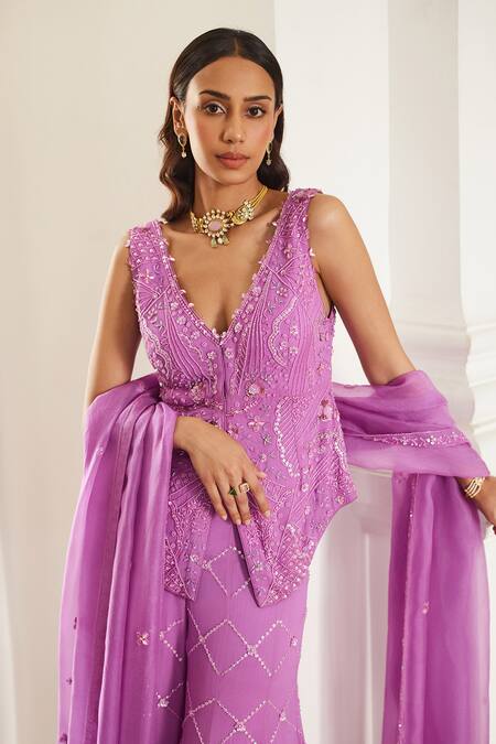 Buy Label Sanya Gulati Pink Georgette Sequins, Beads V-neck Bubblegum Embellished Kurta Set Online at Aza Fashions Buy_Label Sanya Gulati_Pink Georgette Sequins, Beads V-neck Bubblegum Embellished Kurta Set _Online_at_Aza_Fashions