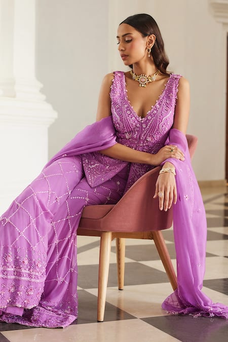 Label Sanya Gulati Pink Georgette Sequins, Beads V-neck Bubblegum Embellished Kurta Set at Aza Fashions Label Sanya Gulati_Pink Georgette Sequins, Beads V-neck Bubblegum Embellished Kurta Set _at_Aza_Fashions