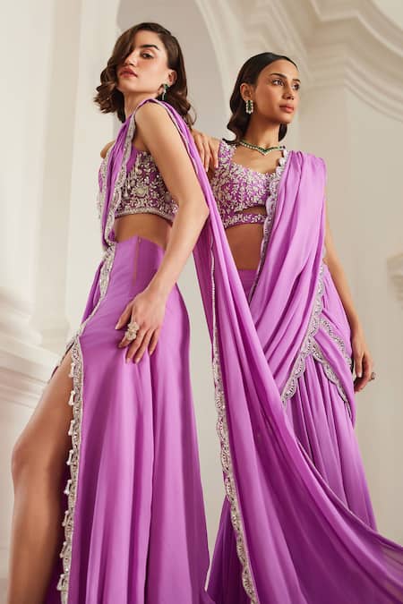 Buy Label Sanya Gulati Pink Georgette Sequins, Pearls, Stones, Beads Bubblegum Pre-draped Saree Set Online at Aza Fashions Buy_Label Sanya Gulati_Pink Georgette Sequins, Pearls, Stones, Beads Bubblegum Pre-draped Saree Set _Online_at_Aza_Fashions