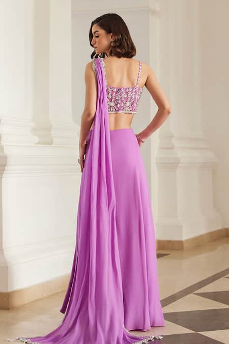 Shop Label Sanya Gulati Pink Georgette Sequins, Pearls, Stones, Beads Bubblegum Pre-draped Saree Set at Aza Fashions Shop_Label Sanya Gulati_Pink Georgette Sequins, Pearls, Stones, Beads Bubblegum Pre-draped Saree Set _at_Aza_Fashions