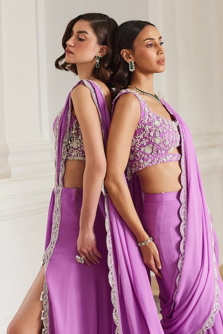 Shop Label Sanya Gulati Pink Georgette Sequins, Pearls, Stones, Beads Bubblegum Pre-draped Saree Set Online at Aza Fashions Shop_Label Sanya Gulati_Pink Georgette Sequins, Pearls, Stones, Beads Bubblegum Pre-draped Saree Set _Online_at_Aza_Fashions