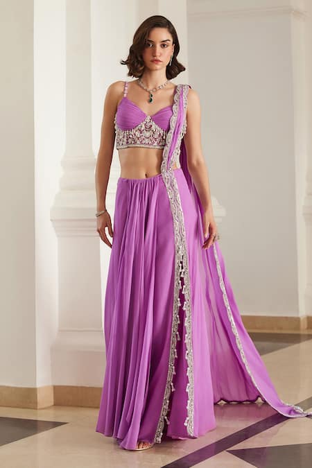 Label Sanya Gulati Pink Georgette Sequins, Pearls, Stones, Beads Bubblegum Pre-draped Saree Set at Aza Fashions Label Sanya Gulati_Pink Georgette Sequins, Pearls, Stones, Beads Bubblegum Pre-draped Saree Set _at_Aza_Fashions