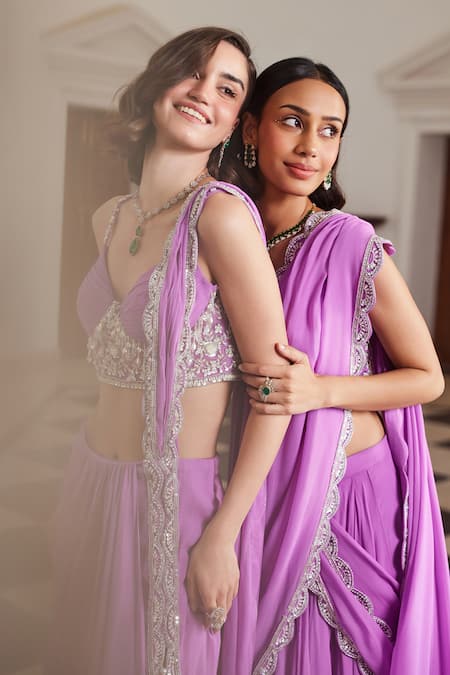 Buy Label Sanya Gulati Pink Georgette Sequins, Pearls, Stones, Beads Bubblegum Pre-draped Saree Set Buy_Label Sanya Gulati_Pink Georgette Sequins, Pearls, Stones, Beads Bubblegum Pre-draped Saree Set