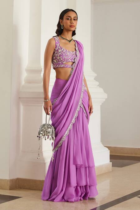 Label Sanya Gulati Pink Georgette Sequins, Stones, Beads, Pearls Bubblegum Pre-draped Saree Set Online at Aza Fashions Label Sanya Gulati_Pink Georgette Sequins, Stones, Beads, Pearls Bubblegum Pre-draped Saree Set _Online_at_Aza_Fashions