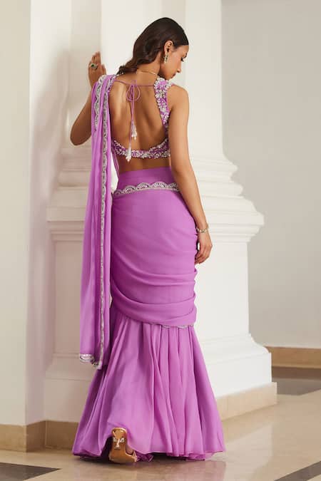 Shop Label Sanya Gulati Pink Georgette Sequins, Stones, Beads, Pearls Bubblegum Pre-draped Saree Set at Aza Fashions Shop_Label Sanya Gulati_Pink Georgette Sequins, Stones, Beads, Pearls Bubblegum Pre-draped Saree Set _at_Aza_Fashions