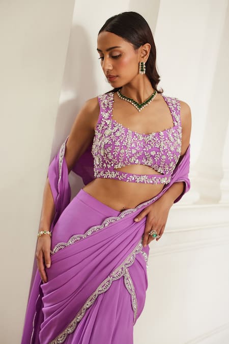 Buy Label Sanya Gulati Pink Georgette Sequins, Stones, Beads, Pearls Bubblegum Pre-draped Saree Set Online at Aza Fashions Buy_Label Sanya Gulati_Pink Georgette Sequins, Stones, Beads, Pearls Bubblegum Pre-draped Saree Set _Online_at_Aza_Fashions