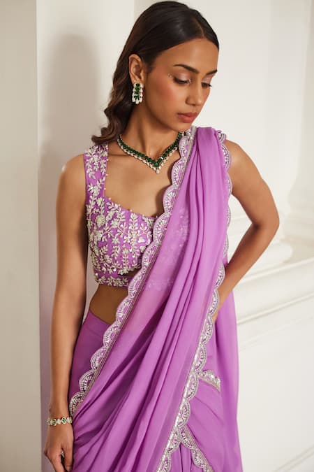 Shop Label Sanya Gulati Pink Georgette Sequins, Stones, Beads, Pearls Bubblegum Pre-draped Saree Set Online at Aza Fashions Shop_Label Sanya Gulati_Pink Georgette Sequins, Stones, Beads, Pearls Bubblegum Pre-draped Saree Set _Online_at_Aza_Fashions