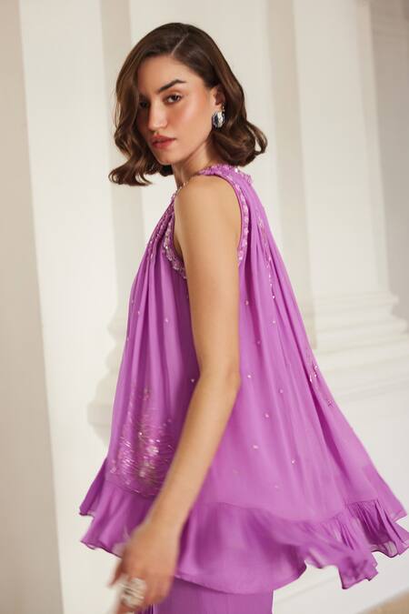 Label Sanya Gulati Pink Georgette Sequins, Cut Work Round Neck Bubblegum Kurta Sharara Set Online at Aza Fashions Label Sanya Gulati_Pink Georgette Sequins, Cut Work Round Neck Bubblegum Kurta Sharara Set _Online_at_Aza_Fashions