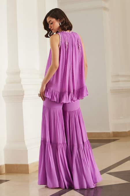 Shop Label Sanya Gulati Pink Georgette Sequins, Cut Work Round Neck Bubblegum Kurta Sharara Set at Aza Fashions Shop_Label Sanya Gulati_Pink Georgette Sequins, Cut Work Round Neck Bubblegum Kurta Sharara Set _at_Aza_Fashions