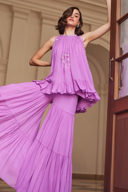 Label Sanya Gulati Pink Georgette Sequins, Cut Work Round Neck Bubblegum Kurta Sharara Set at Aza Fashions Label Sanya Gulati_Pink Georgette Sequins, Cut Work Round Neck Bubblegum Kurta Sharara Set _at_Aza_Fashions