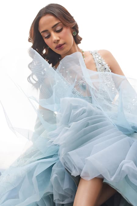 Label Sanya Gulati Blue Silk Organza Mirrors, Sequins, Stones V-neck Designer Powder Lehenga Set Online at Aza Fashions Label Sanya Gulati_Blue Silk Organza Mirrors, Sequins, Stones V-neck Designer Powder Lehenga Set _Online_at_Aza_Fashions