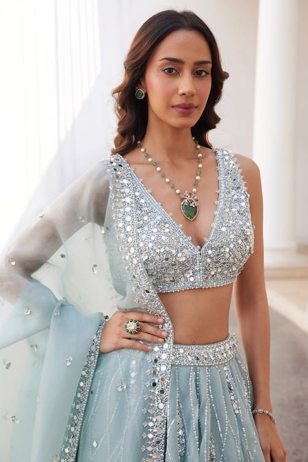 Shop Label Sanya Gulati Blue Silk Organza Mirrors, Sequins, Stones V-neck Designer Powder Lehenga Set Online at Aza Fashions Shop_Label Sanya Gulati_Blue Silk Organza Mirrors, Sequins, Stones V-neck Designer Powder Lehenga Set _Online_at_Aza_Fashions